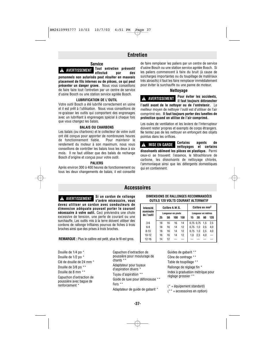 Entretien, Accessoires | Bosch 1619EVS User Manual | Page 37 / 56