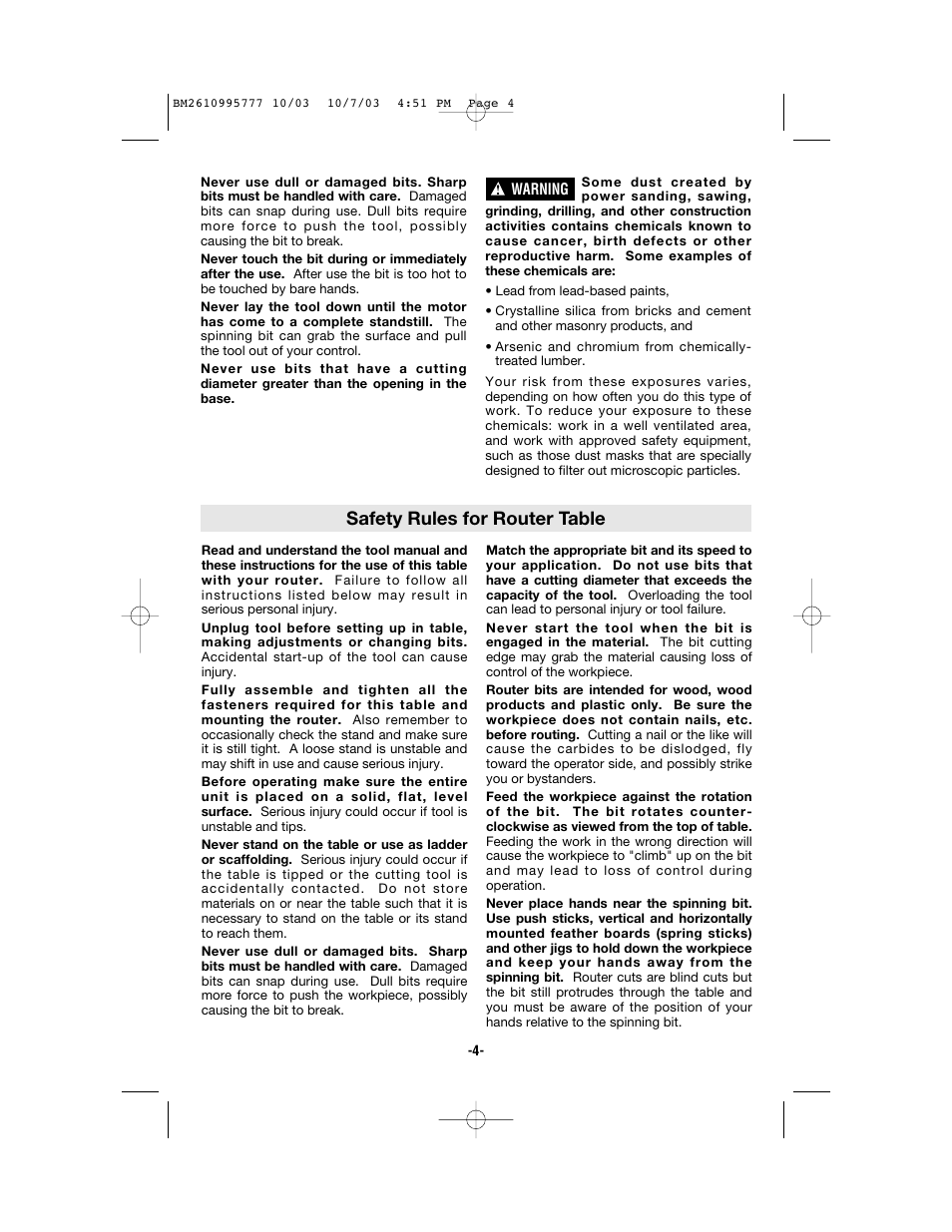 Safety rules for router table | Bosch 1619EVS User Manual | Page 4 / 56