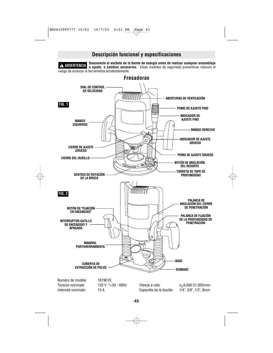 Descripción funcional y especificaciones, Fresadoras | Bosch 1619EVS User Manual | Page 43 / 56