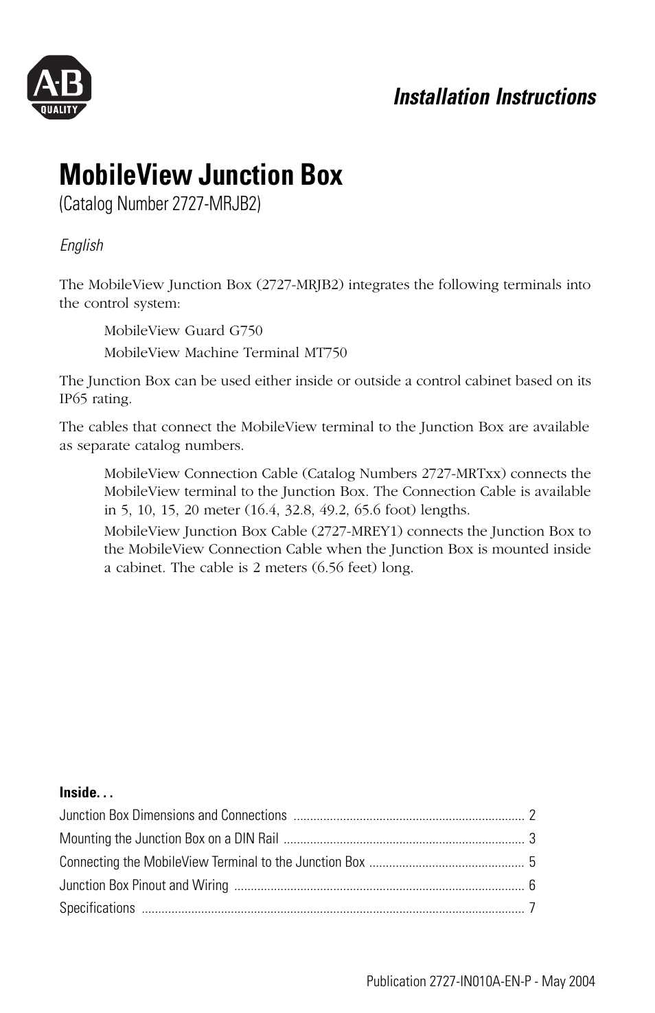 Rockwell Automation 2727-MRJB2 MobileView Terminal Junction Box User Manual | 8 pages