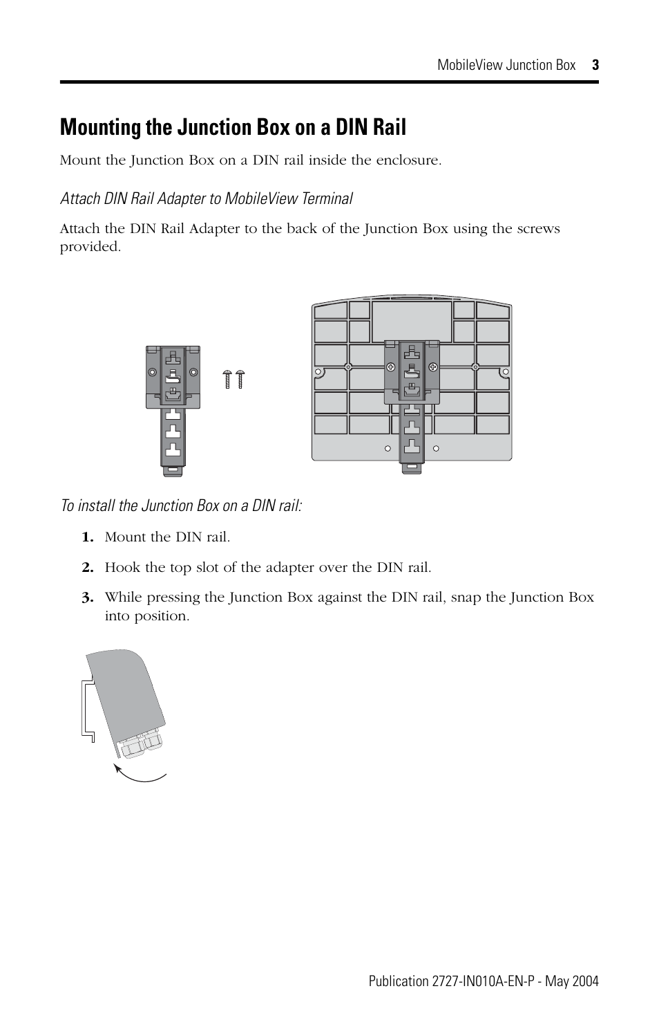 Mounting the junction box on a din rail | Rockwell Automation 2727-MRJB2 MobileView Terminal Junction Box User Manual | Page 3 / 8