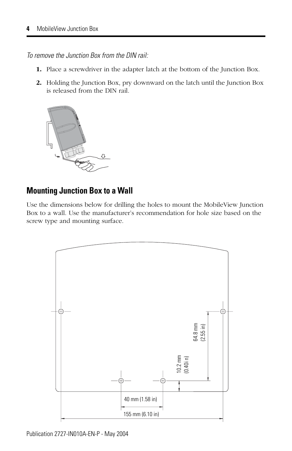 Mounting junction box to a wall | Rockwell Automation 2727-MRJB2 MobileView Terminal Junction Box User Manual | Page 4 / 8