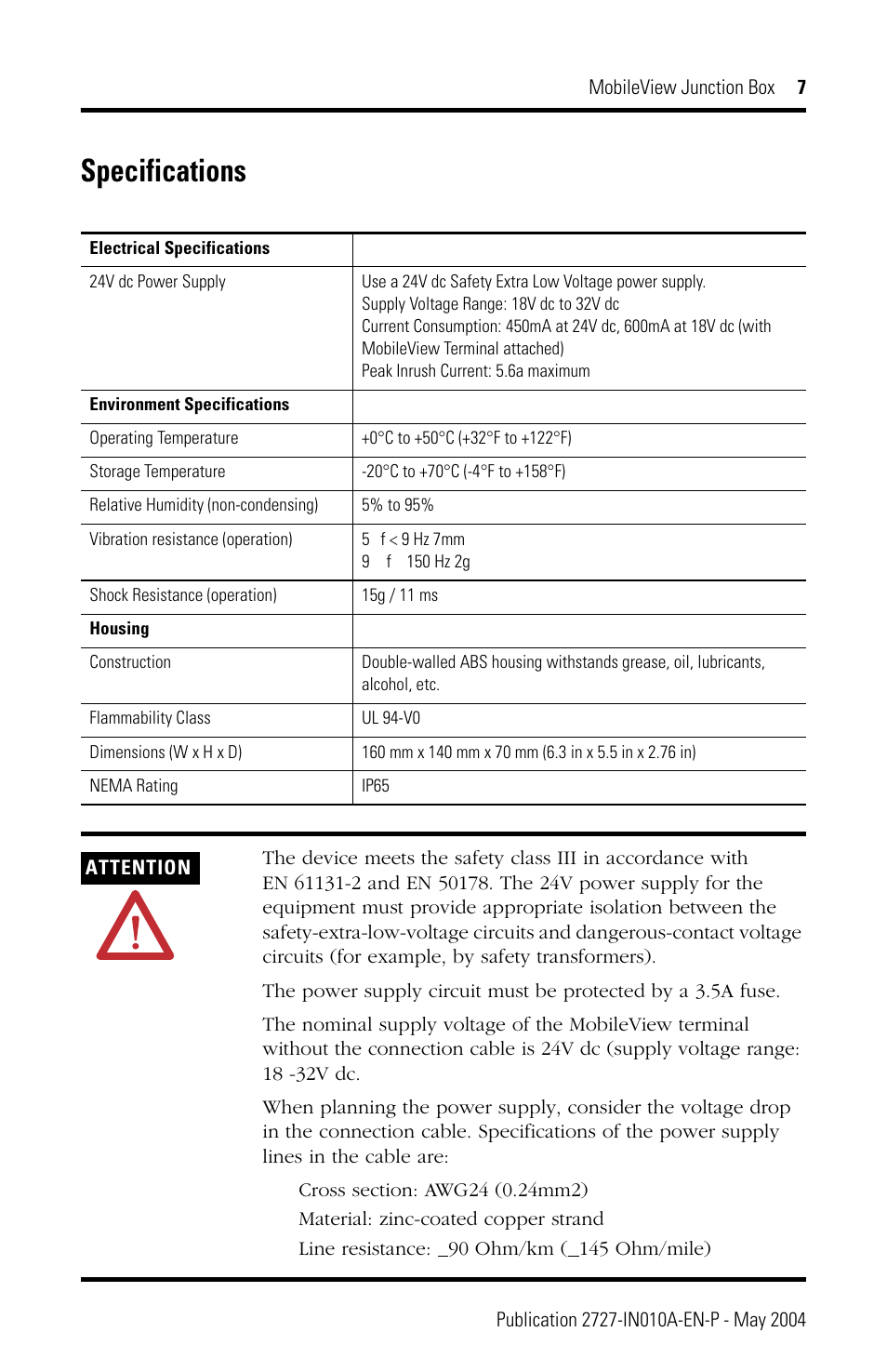 Specifications | Rockwell Automation 2727-MRJB2 MobileView Terminal Junction Box User Manual | Page 7 / 8