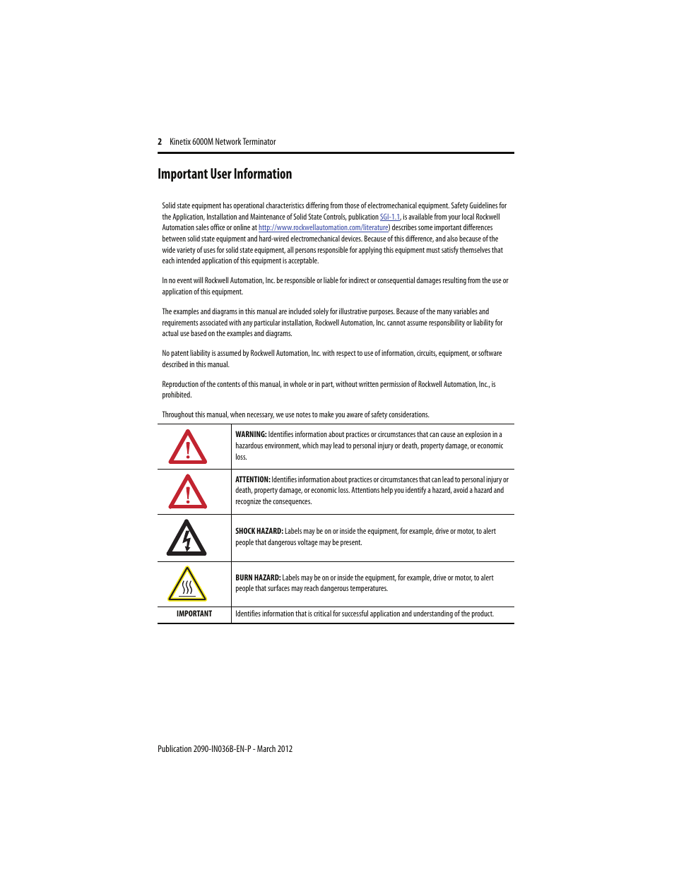 Important user information | Rockwell Automation 2090-CTSSP Kinetix 6000M Network Terminator Installation Instructions User Manual | Page 2 / 8