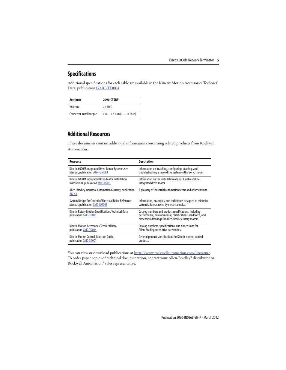 Specifications, Additional resources, Specifications 5 | Rockwell Automation 2090-CTSSP Kinetix 6000M Network Terminator Installation Instructions User Manual | Page 5 / 8