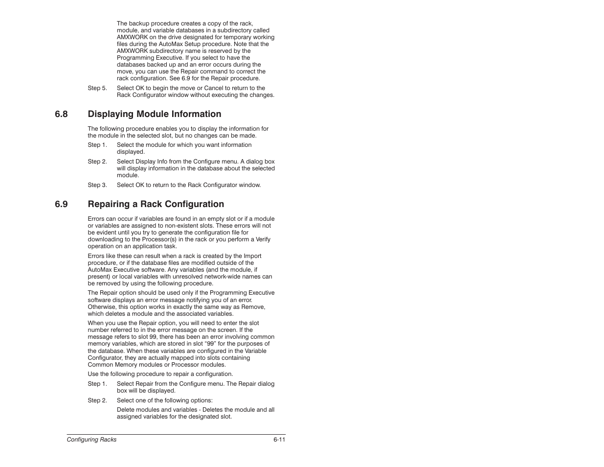 8 displaying module information, 9 repairing a rack configuration | Rockwell Automation 57C650 AutoMax Programming Executive Version 3.8 User Manual | Page 109 / 298