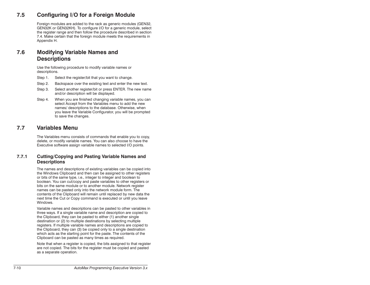 5 configuring i/o for a foreign module, 6 modifying variable names and descriptions, 7 variable menu | 7 variables menu | Rockwell Automation 57C650 AutoMax Programming Executive Version 3.8 User Manual | Page 122 / 298