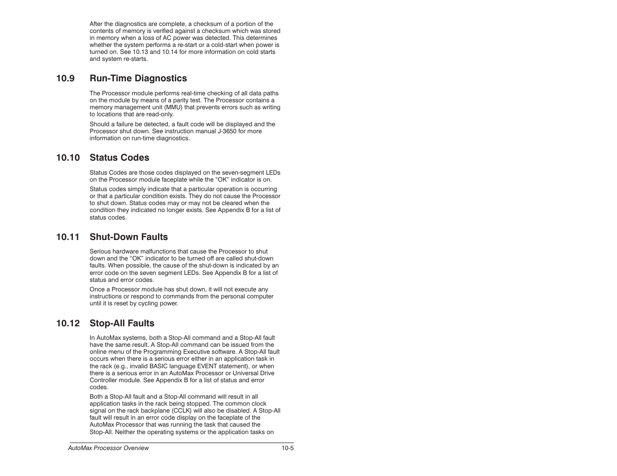 9 run-time diagnostics, 10 status codes, 11 shut-down faults | 12 stop-all faults, 9 runćtime diagnostics, 11 shutćdown faults, 12 stopćall faults | Rockwell Automation 57C650 AutoMax Programming Executive Version 3.8 User Manual | Page 153 / 298