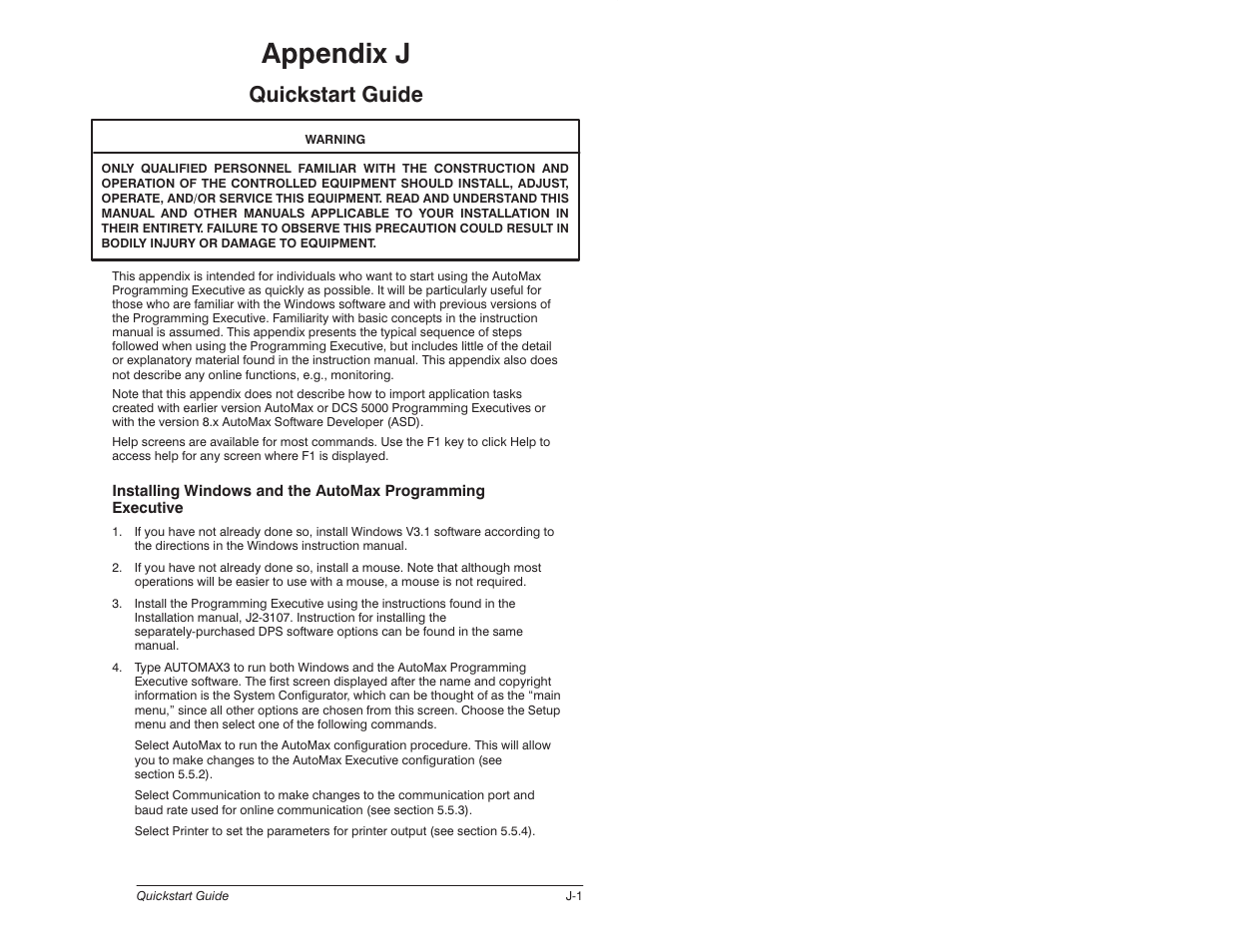 J - quickstart guide, Appendix j, Quickstart guide | Rockwell Automation 57C650 AutoMax Programming Executive Version 3.8 User Manual | Page 257 / 298