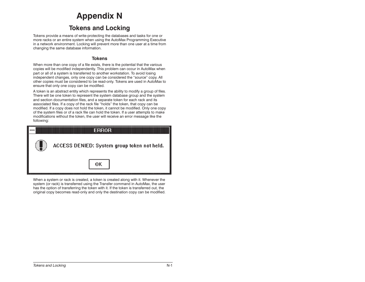 N - tokens and locking, Appendix n, Tokens and locking | Rockwell Automation 57C650 AutoMax Programming Executive Version 3.8 User Manual | Page 269 / 298