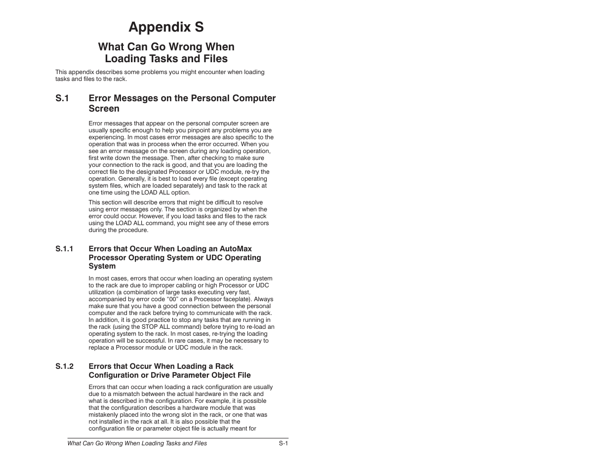 S - what can go wrong when loading tasks and files, Appendix s, What can go wrong when loading tasks and files | S.1 error messages on the personal computer screen | Rockwell Automation 57C650 AutoMax Programming Executive Version 3.8 User Manual | Page 291 / 298