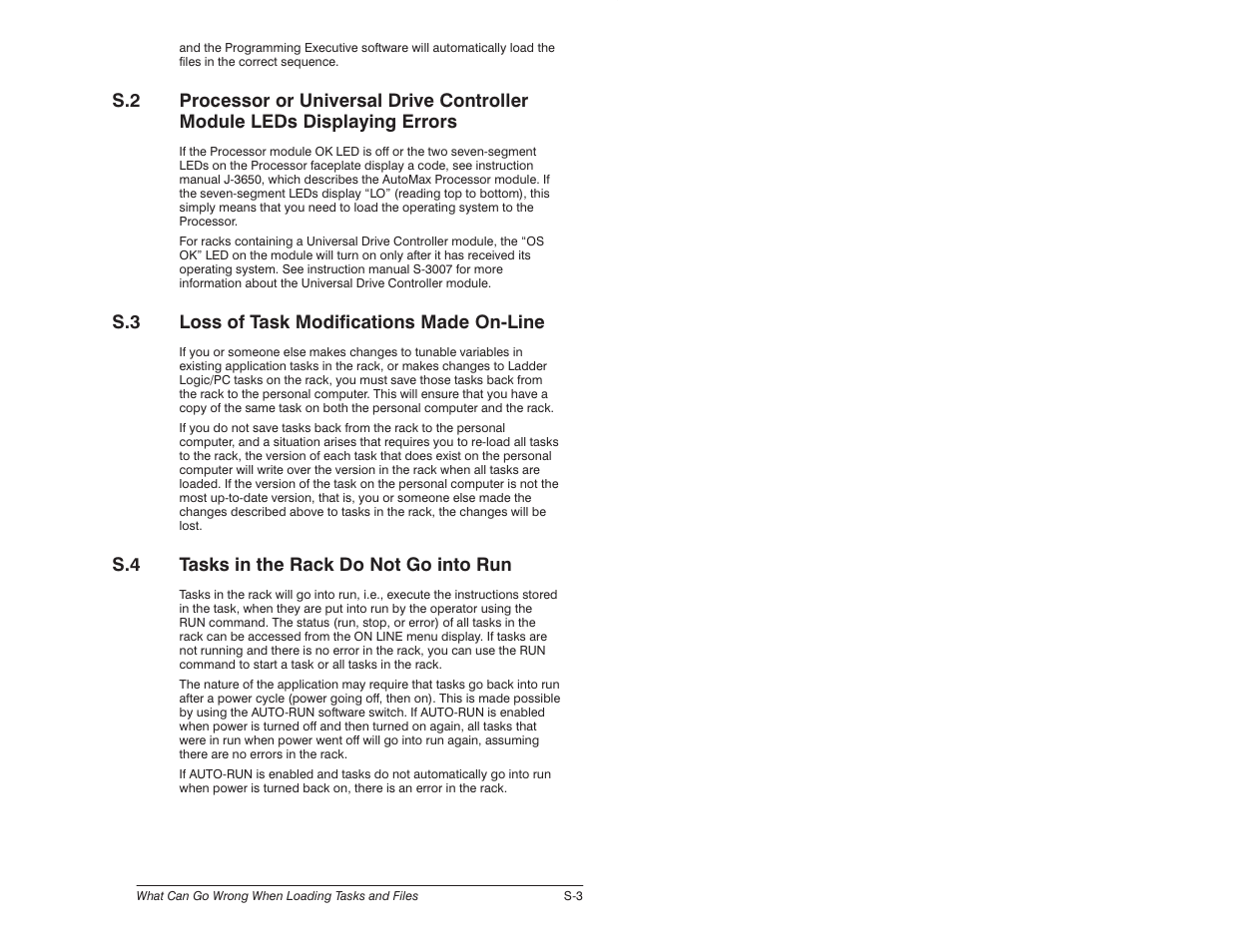 S.3 loss of task modifications made onćline, S.4 tasks in the rack do not go into run | Rockwell Automation 57C650 AutoMax Programming Executive Version 3.8 User Manual | Page 293 / 298