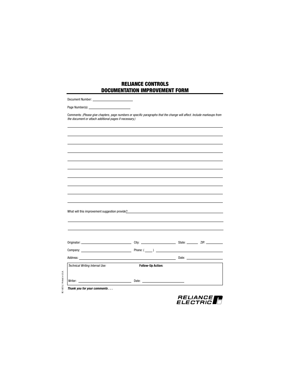 Document improvement form, Reliance controls documentation improvement form | Rockwell Automation 57C650 AutoMax Programming Executive Version 3.8 User Manual | Page 295 / 298