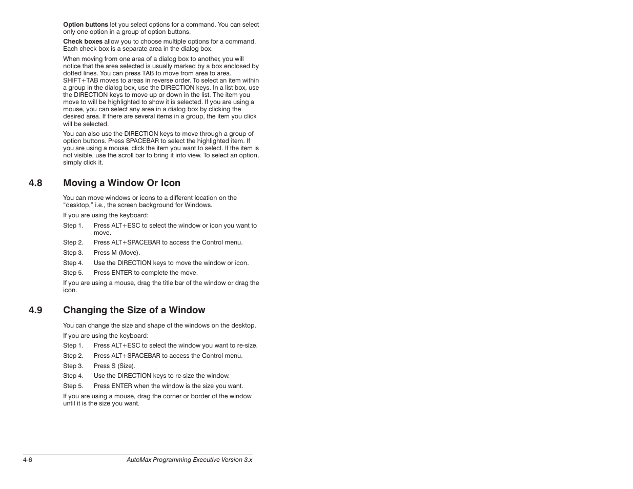 8 moving a window or icon, 9 changing the size of a window | Rockwell Automation 57C650 AutoMax Programming Executive Version 3.8 User Manual | Page 40 / 298