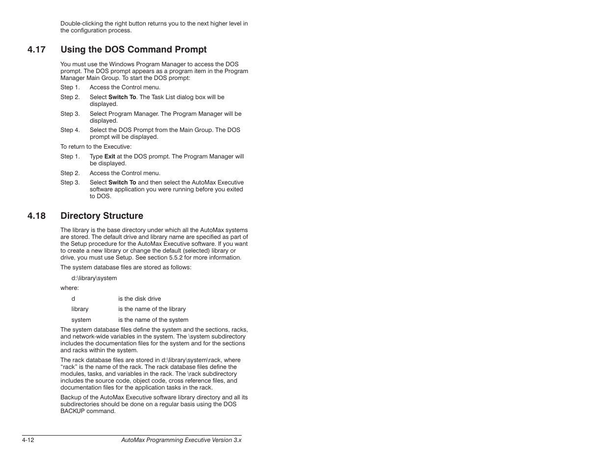 17 using the dos command prompt, 18 directory structure | Rockwell Automation 57C650 AutoMax Programming Executive Version 3.8 User Manual | Page 46 / 298