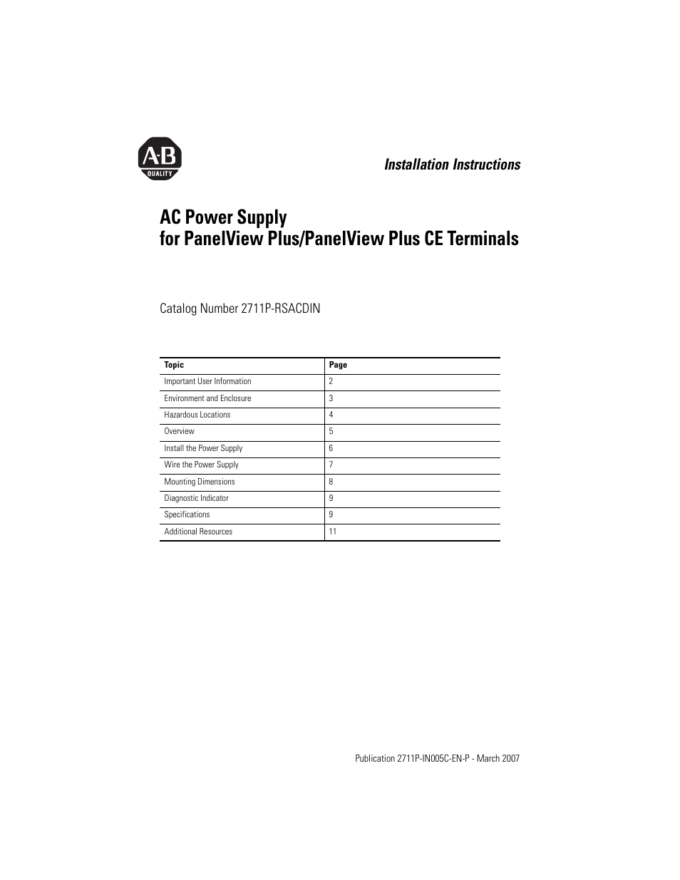 Rockwell Automation 2711P-RSACDIN AC Power Supply User Manual | 12 pages