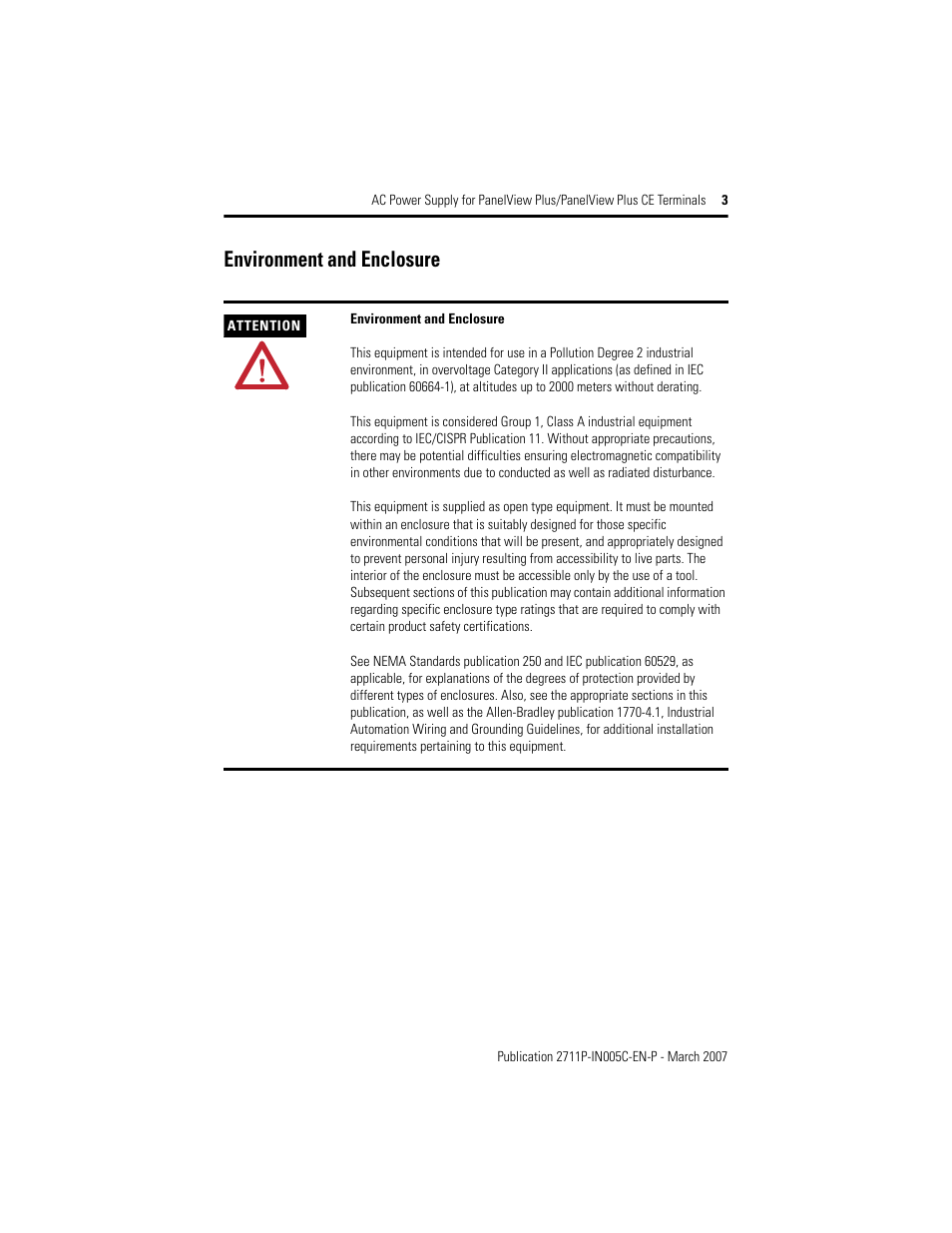 Environment and enclosure | Rockwell Automation 2711P-RSACDIN AC Power Supply User Manual | Page 3 / 12