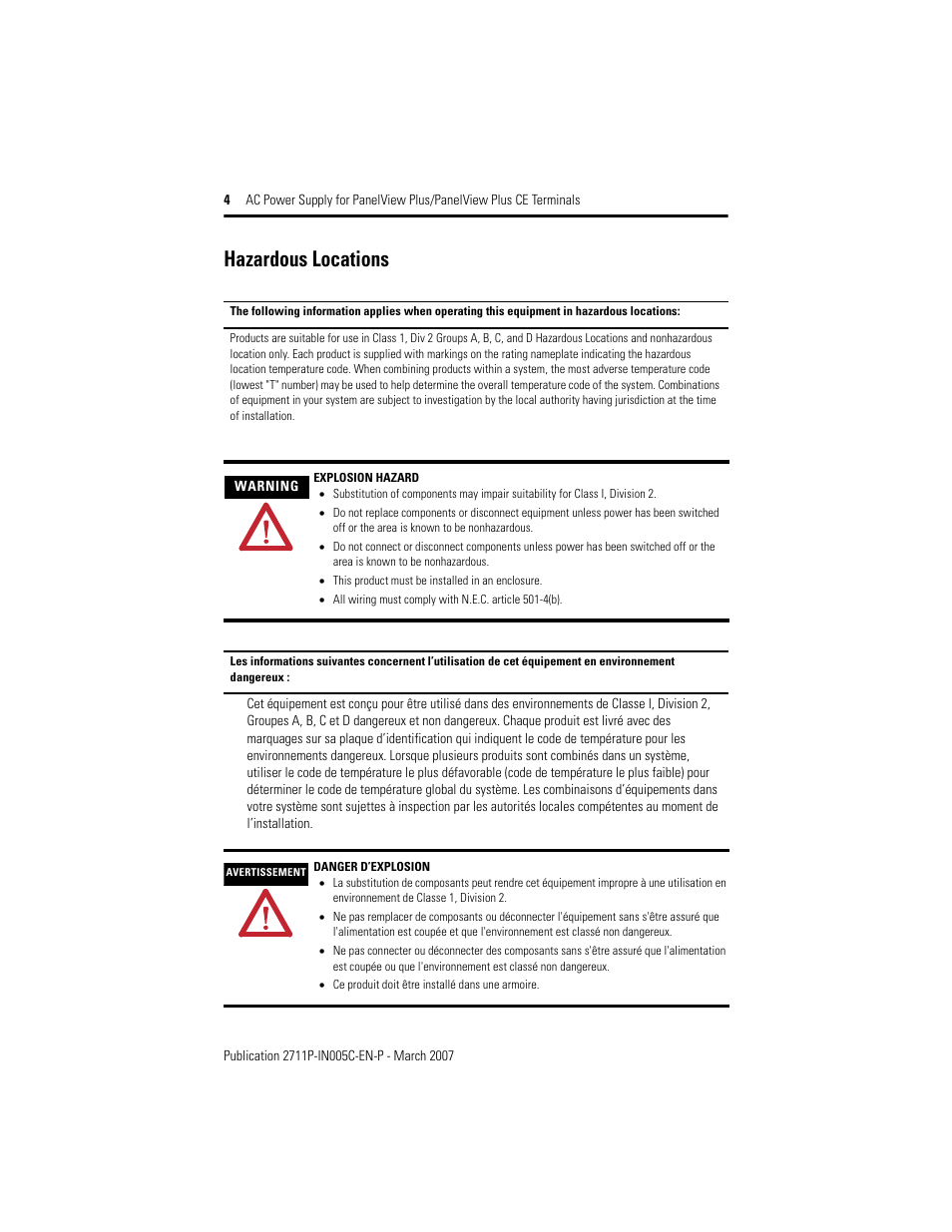 Hazardous locations | Rockwell Automation 2711P-RSACDIN AC Power Supply User Manual | Page 4 / 12