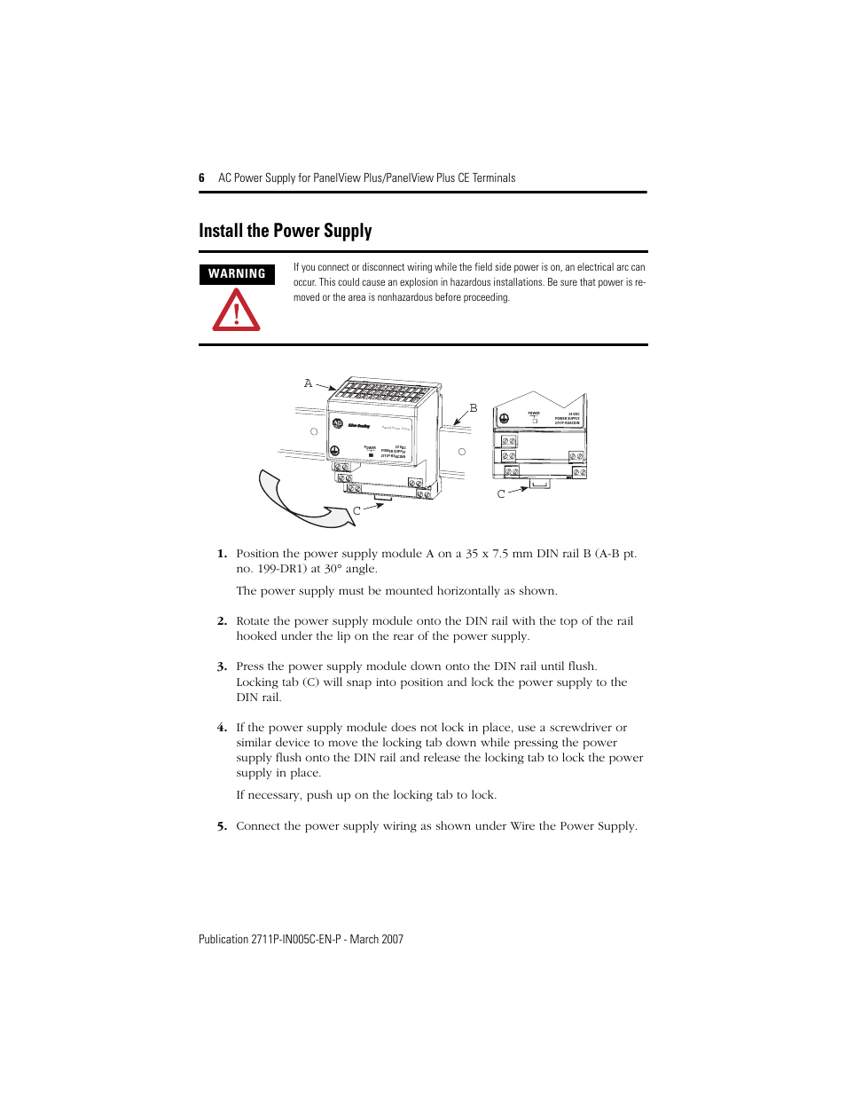 Install the power supply, Ab c c | Rockwell Automation 2711P-RSACDIN AC Power Supply User Manual | Page 6 / 12
