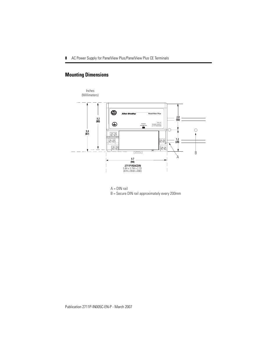 Mounting dimensions | Rockwell Automation 2711P-RSACDIN AC Power Supply User Manual | Page 8 / 12