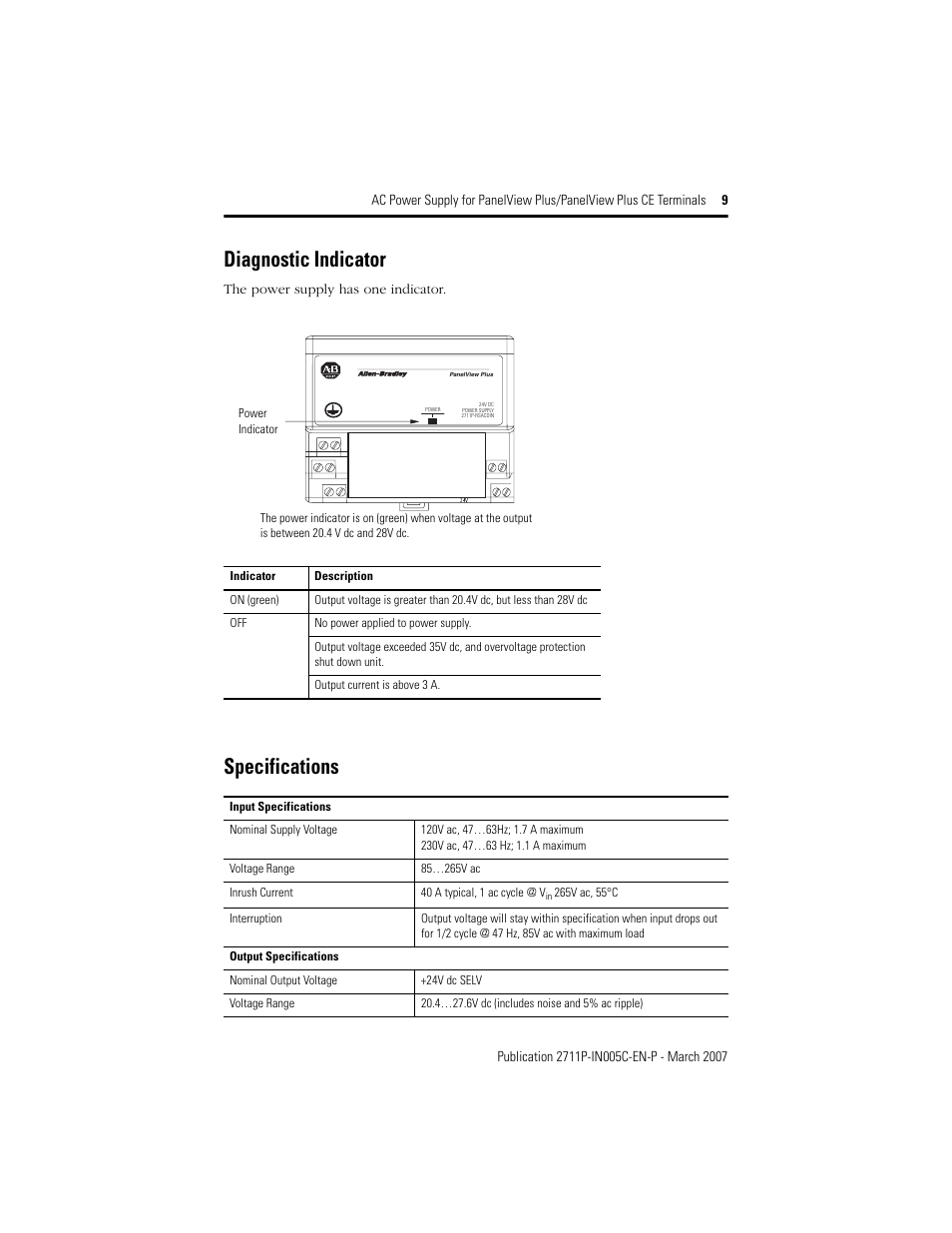 Diagnostic indicator, Specifications | Rockwell Automation 2711P-RSACDIN AC Power Supply User Manual | Page 9 / 12