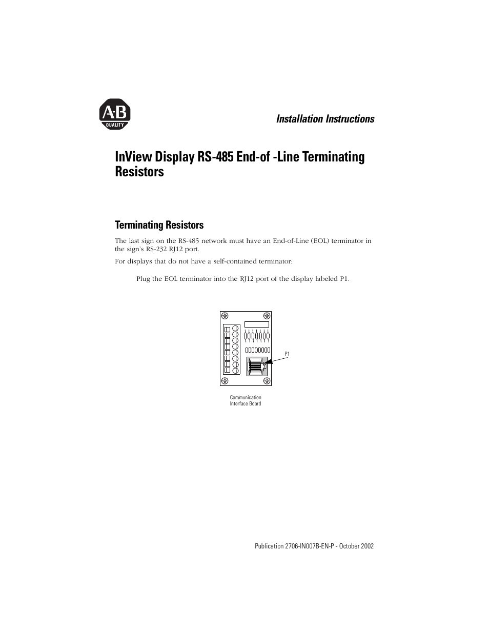 Rockwell Automation 2706-P42R_P42C_P43R_P43C_P44R_P44C_P72CNx_P74CNx InView Display RS-485 End-of-Line Terminating Resistors User Manual | 2 pages