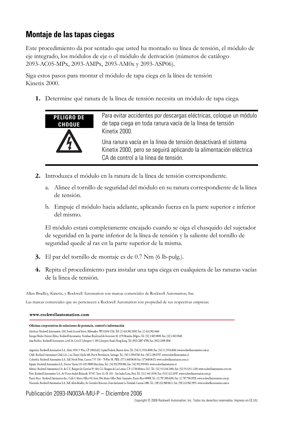 Montaje de las tapas ciegas | Rockwell Automation 2093-PRF Kinetix 2000 Slot Filler Module Installation Instructions User Manual | Page 12 / 24