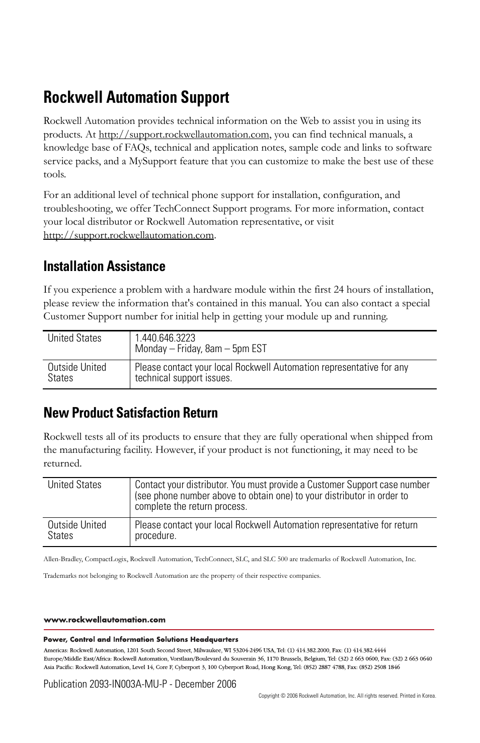 Back cover - rockwell automation support, Rockwell automation support, Installation assistance | New product satisfaction return | Rockwell Automation 2093-PRF Kinetix 2000 Slot Filler Module Installation Instructions User Manual | Page 24 / 24
