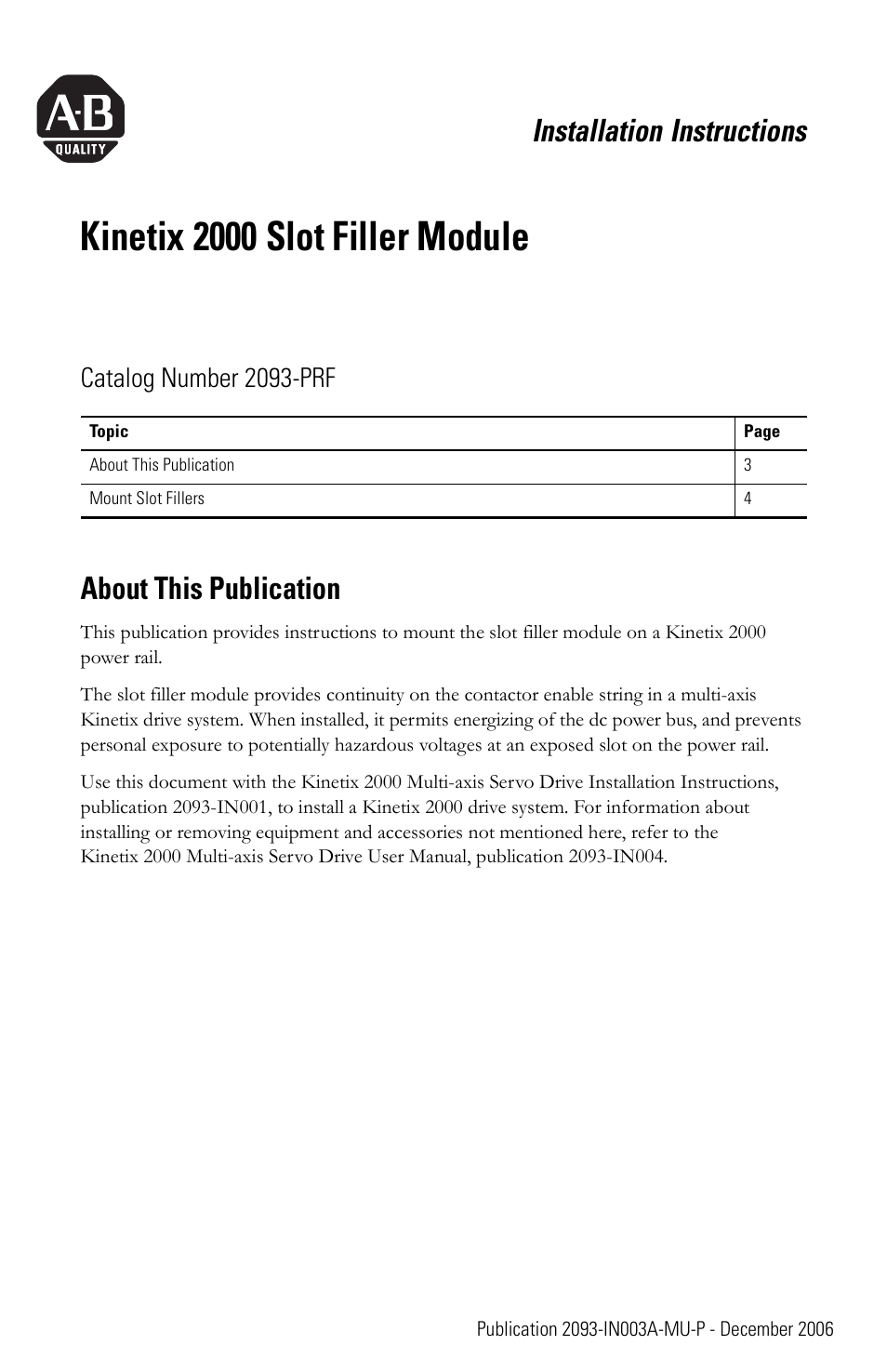 English section, Kinetix 2000 slot filler module, Installation instructions | About this publication, Catalog number 2093-prf | Rockwell Automation 2093-PRF Kinetix 2000 Slot Filler Module Installation Instructions User Manual | Page 3 / 24