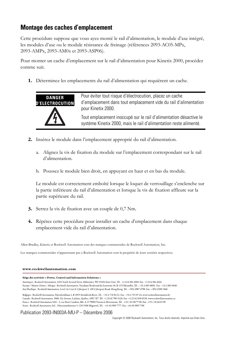Montage des caches d’emplacement | Rockwell Automation 2093-PRF Kinetix 2000 Slot Filler Module Installation Instructions User Manual | Page 6 / 24