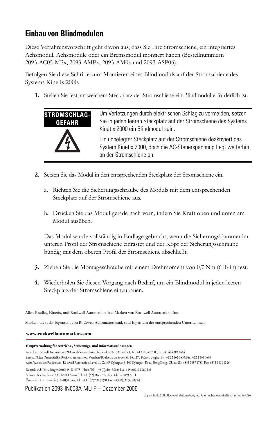 Einbau von blindmodulen | Rockwell Automation 2093-PRF Kinetix 2000 Slot Filler Module Installation Instructions User Manual | Page 8 / 24