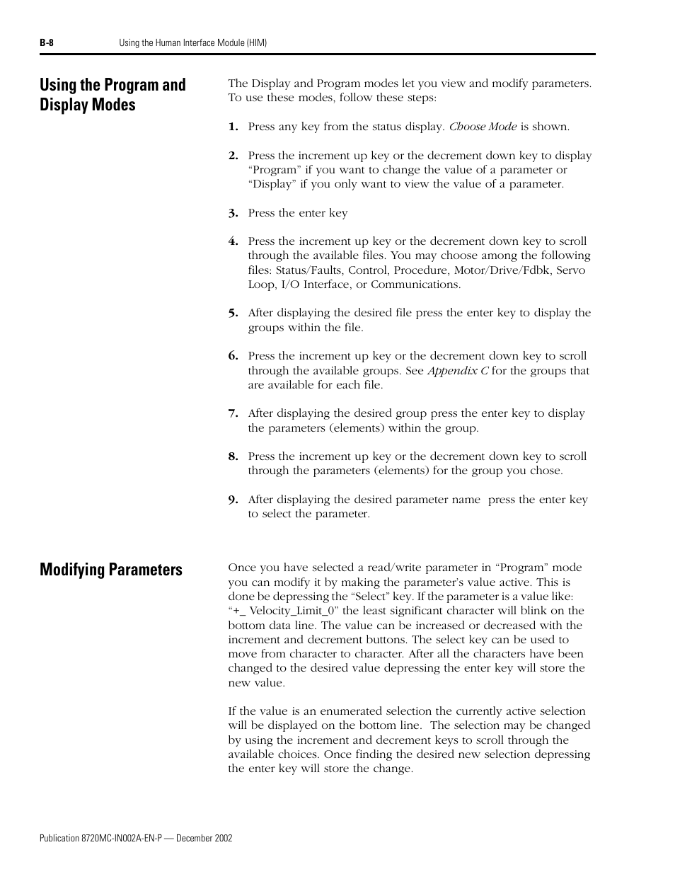 Using the program and display modes, Modifying parameters | Rockwell Automation 8720MC Drives Integration Manual User Manual | Page 102 / 211