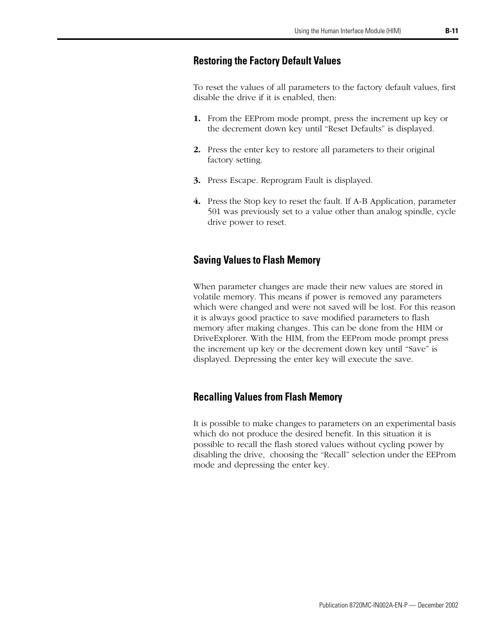 Restoring the factory default values, Saving values to flash memory, Recalling values from flash memory | Rockwell Automation 8720MC Drives Integration Manual User Manual | Page 105 / 211