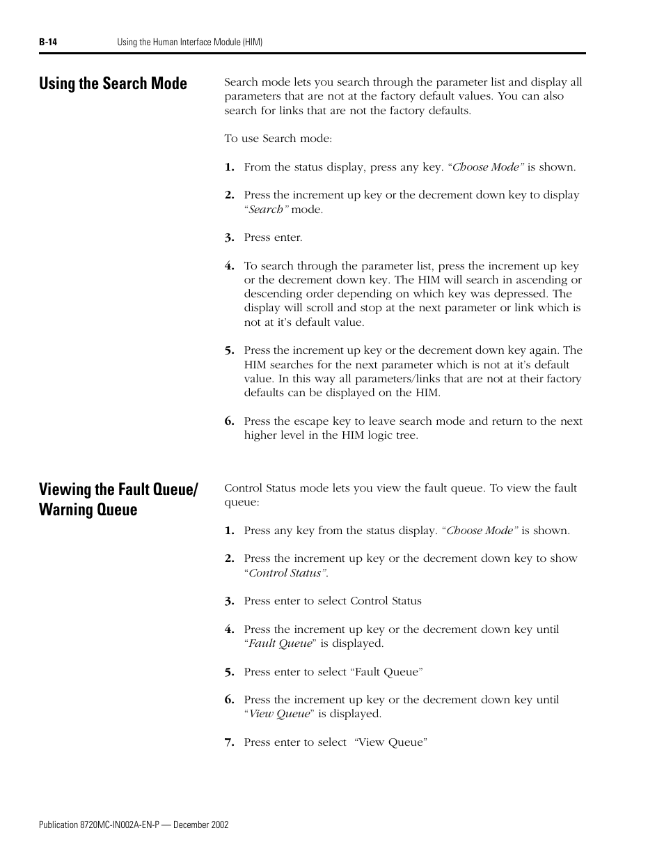 Using the search mode, Viewing the fault queue/ warning queue, Viewing the fault queue/warning queue | Rockwell Automation 8720MC Drives Integration Manual User Manual | Page 108 / 211