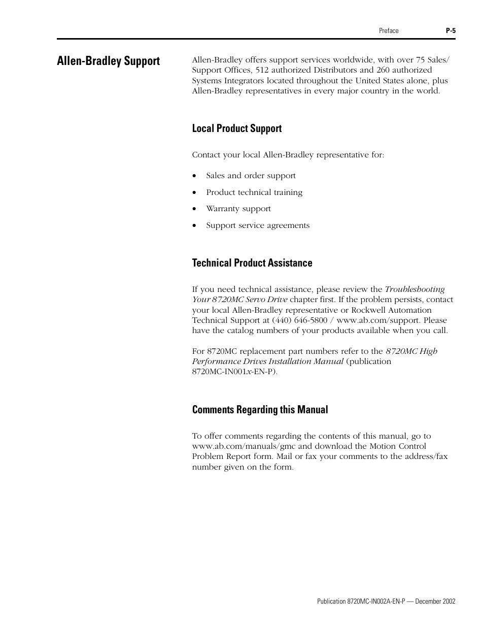 Allen-bradley support, Local product support, Technical product assistance | Comments regarding this manual | Rockwell Automation 8720MC Drives Integration Manual User Manual | Page 11 / 211