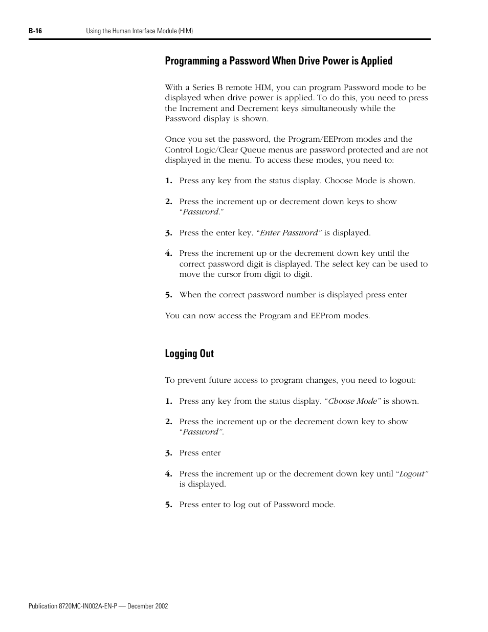 Programming a password when drive power is applied, Logging out, Programming a password when drive power | Rockwell Automation 8720MC Drives Integration Manual User Manual | Page 110 / 211