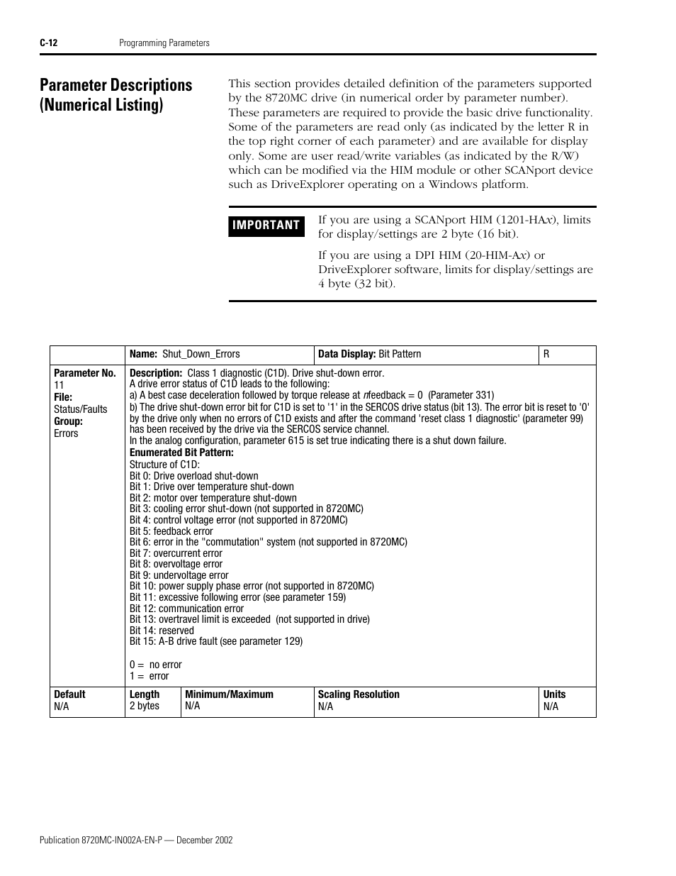Parameter descriptions (numerical listing) | Rockwell Automation 8720MC Drives Integration Manual User Manual | Page 124 / 211