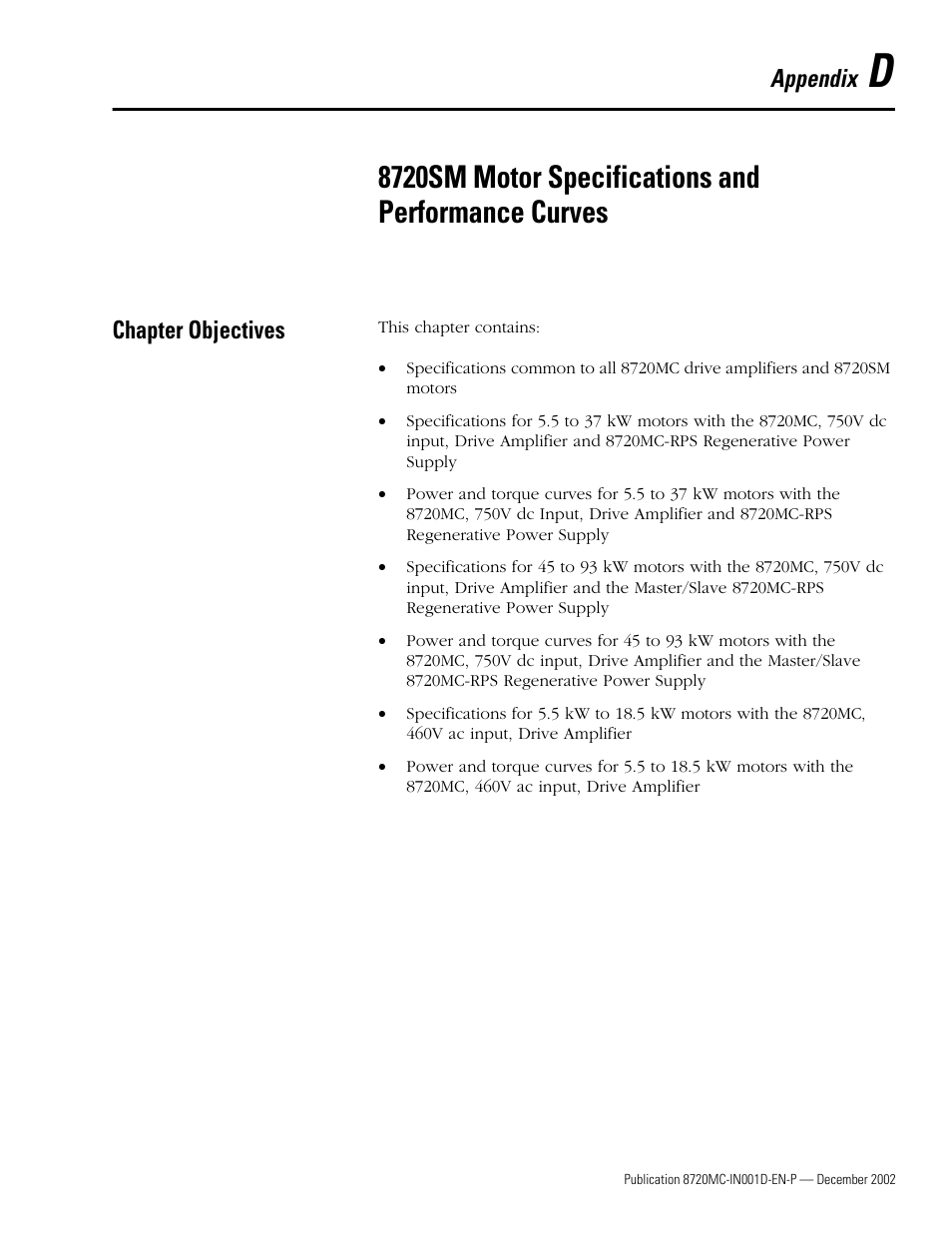 Chapter objectives, Appendix d, 8720sm motor specifications and performance curves | Appendix | Rockwell Automation 8720MC Drives Integration Manual User Manual | Page 189 / 211