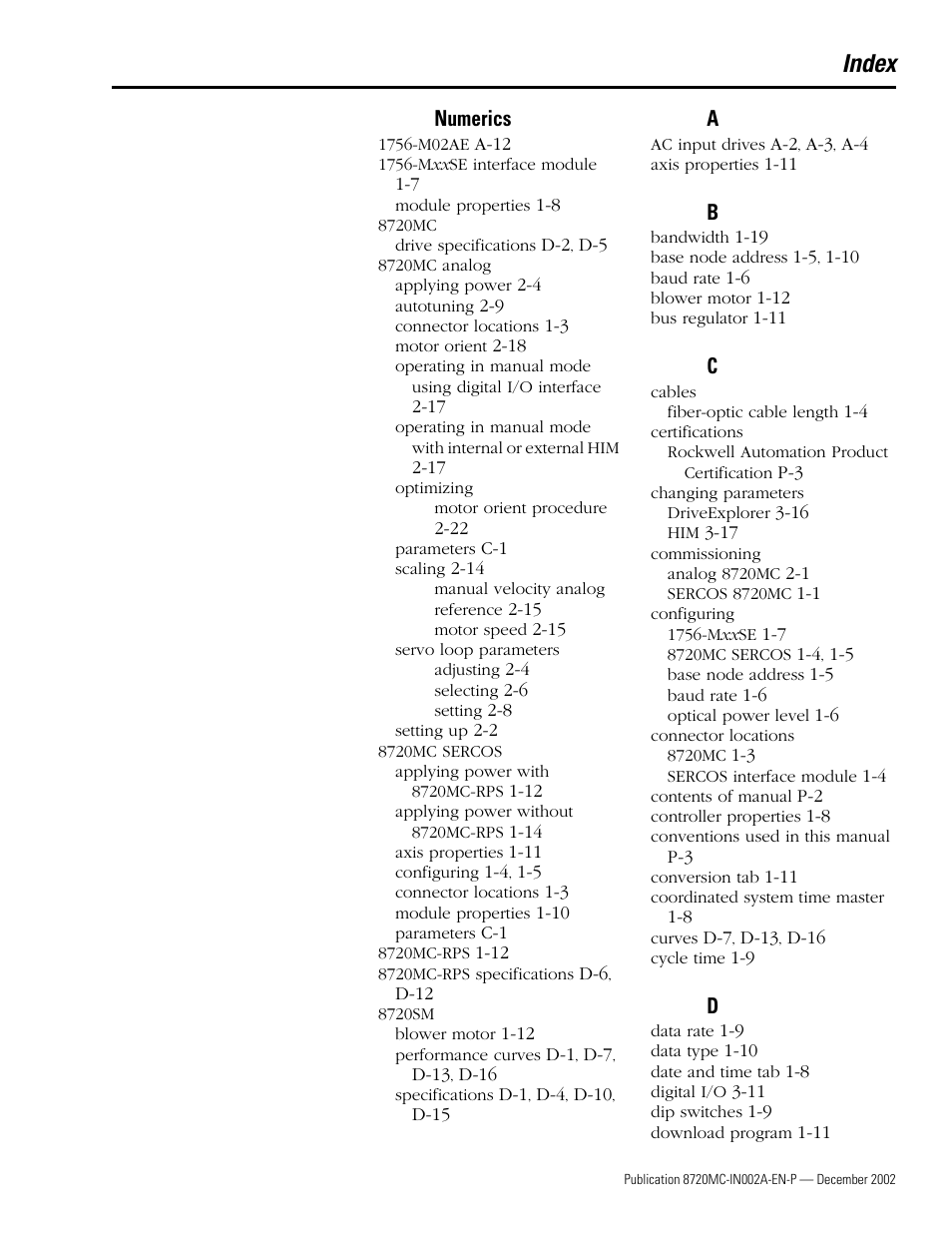 Index, Numerics | Rockwell Automation 8720MC Drives Integration Manual User Manual | Page 207 / 211