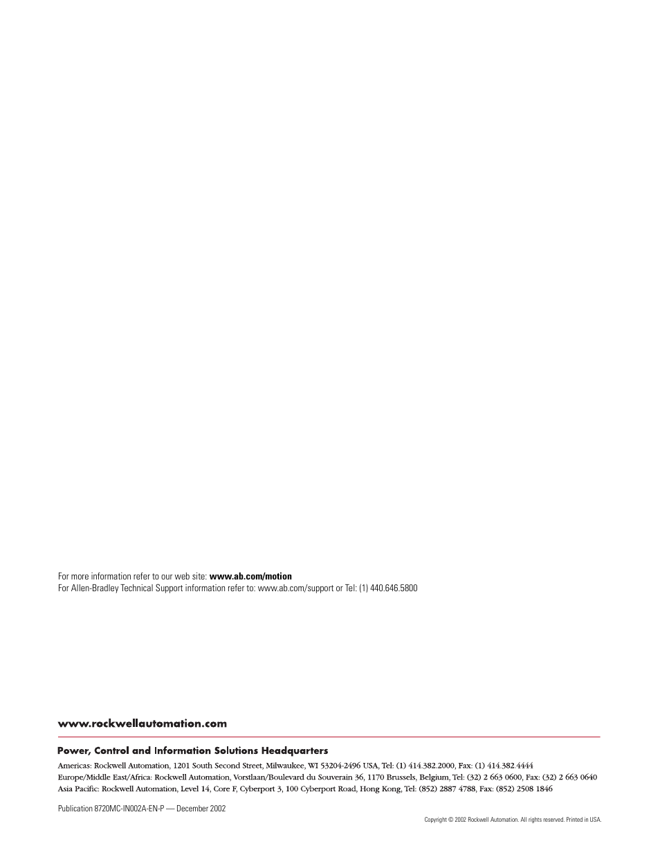 Back cover | Rockwell Automation 8720MC Drives Integration Manual User Manual | Page 211 / 211