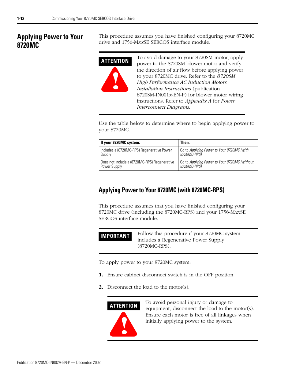 Applying power to your 8720mc, Applying power to your 8720mc (with 8720mc-rps), Applying power to your 8720mc -12 | Rockwell Automation 8720MC Drives Integration Manual User Manual | Page 24 / 211