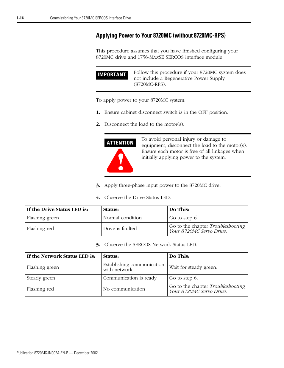 Applying power to your 8720mc (without 8720mc-rps), Applying power to your 8720mc, Without 8720mc-rps) -14 | Rockwell Automation 8720MC Drives Integration Manual User Manual | Page 26 / 211