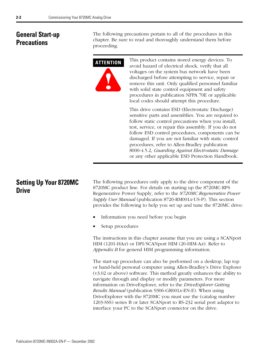 General start-up precautions, Setting up your 8720mc drive | Rockwell Automation 8720MC Drives Integration Manual User Manual | Page 34 / 211