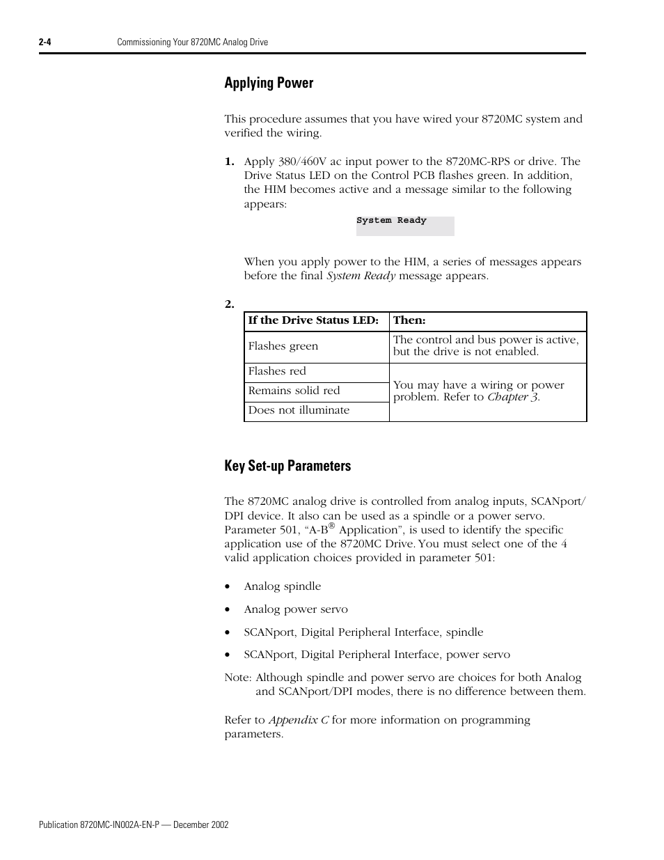 Applying power, Key set-up parameters, Applying power -4 key set-up parameters -4 | Rockwell Automation 8720MC Drives Integration Manual User Manual | Page 36 / 211