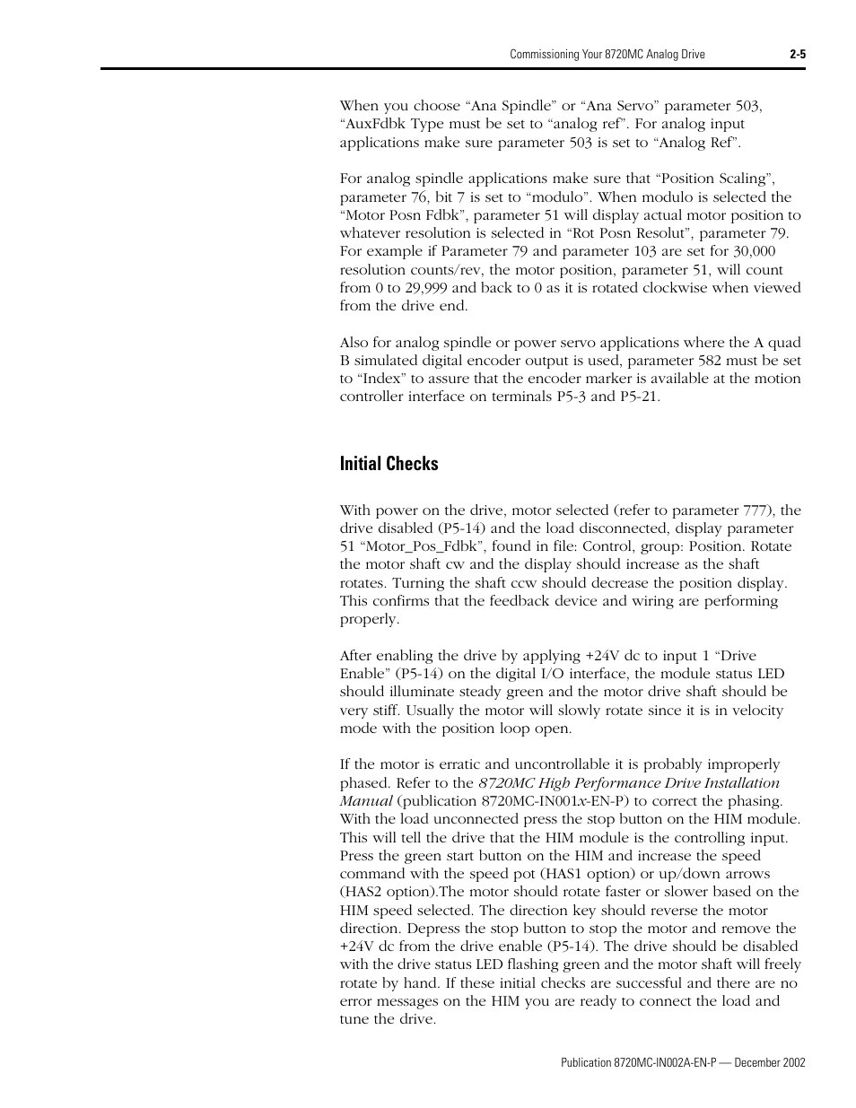 Initial checks, Initial checks -5 | Rockwell Automation 8720MC Drives Integration Manual User Manual | Page 37 / 211