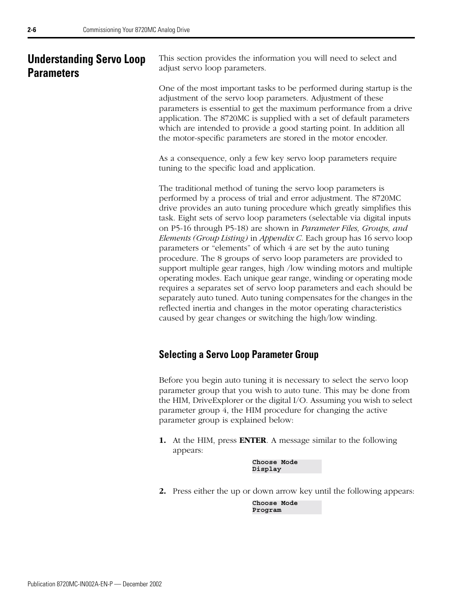 Understanding servo loop parameters, Selecting a servo loop parameter group, Understanding servo loop parameters -6 | Selecting a servo loop parameter group -6 | Rockwell Automation 8720MC Drives Integration Manual User Manual | Page 38 / 211