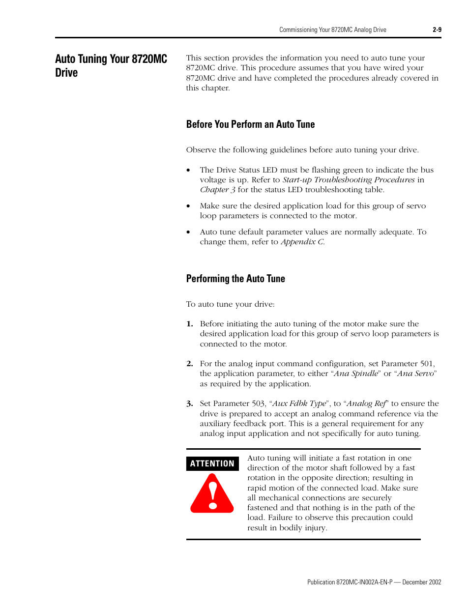 Auto tuning your 8720mc drive, Before you perform an auto tune, Performing the auto tune | Auto tuning your 8720mc drive -9 | Rockwell Automation 8720MC Drives Integration Manual User Manual | Page 41 / 211