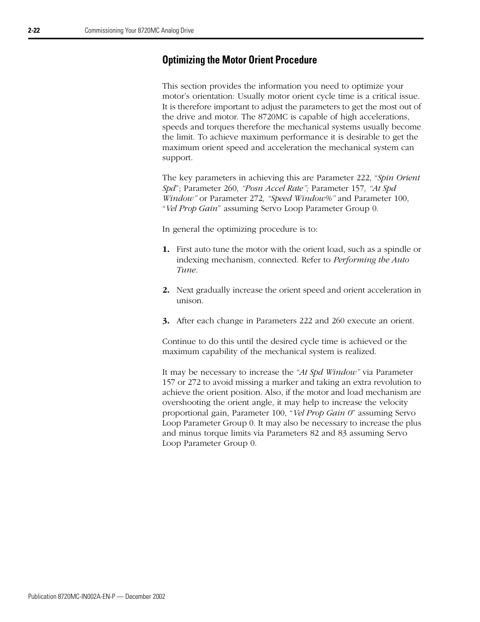 Optimizing the motor orient procedure, Optimizing the motor orient procedure -22 | Rockwell Automation 8720MC Drives Integration Manual User Manual | Page 54 / 211