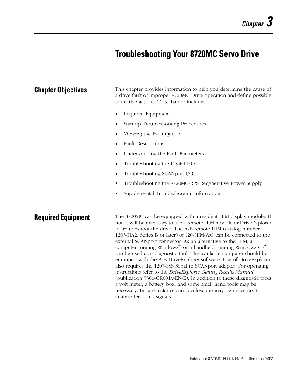 Chapter objectives, Required equipment, Chapter 3 | Troubleshooting your 8720mc servo drive, Chapter objectives -1 required equipment -1, Chapter | Rockwell Automation 8720MC Drives Integration Manual User Manual | Page 55 / 211