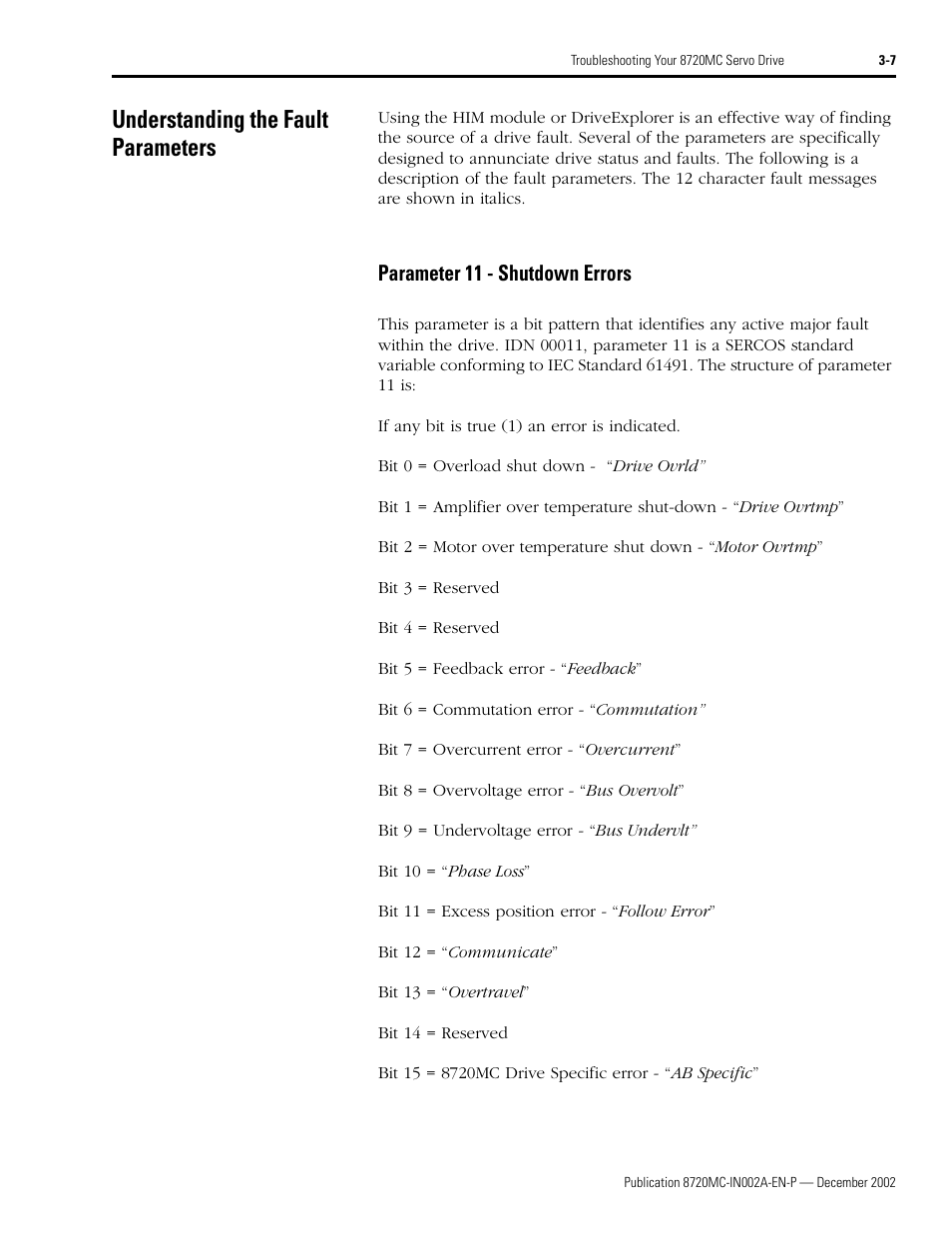 Understanding the fault parameters, Parameter 11 - shutdown errors, Understanding the fault parameters -7 | Parameter 11 - shutdown errors -7 | Rockwell Automation 8720MC Drives Integration Manual User Manual | Page 61 / 211